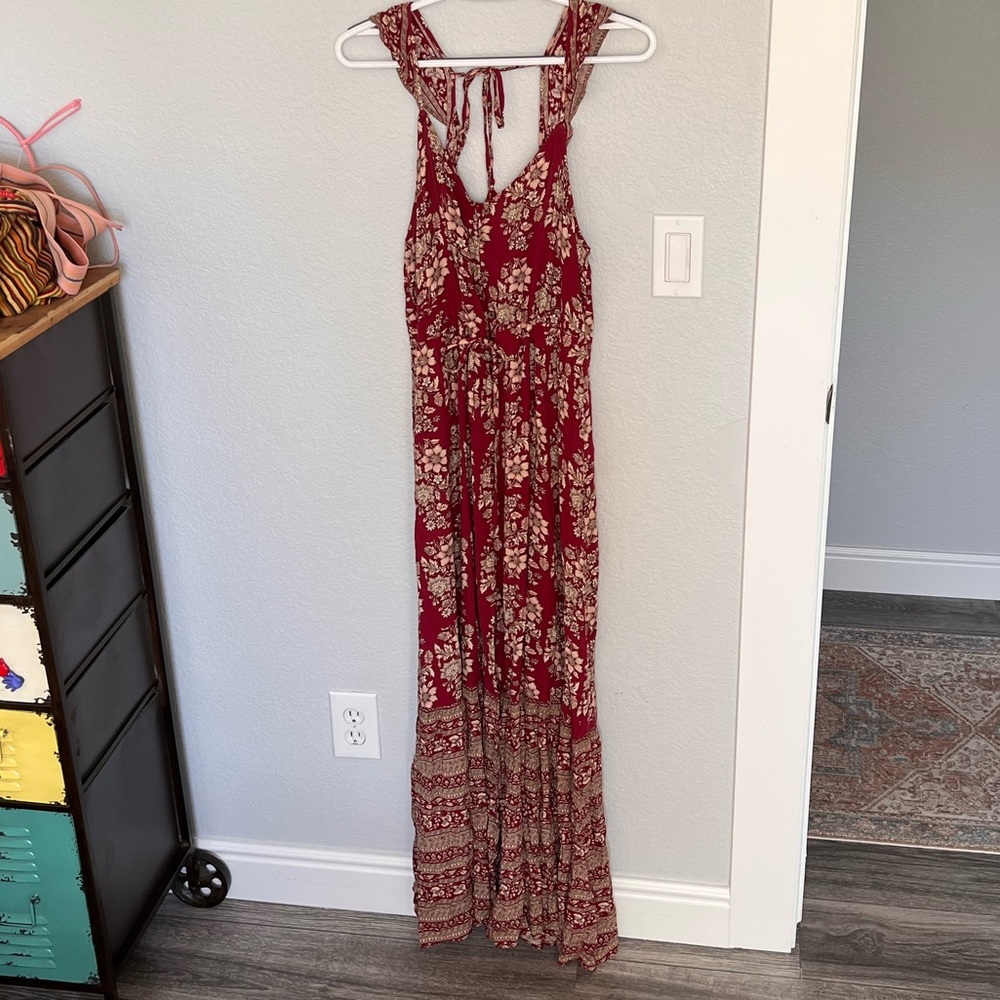 American Eagle Red/ Maroon, with Gold Floral Maxi Dress. Long Dress with Flowers